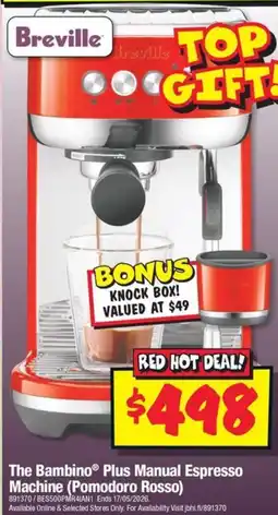 JB Hi-Fi The Bambino Plus Manual Espresso Machine (Pomodoro Rosso) offer