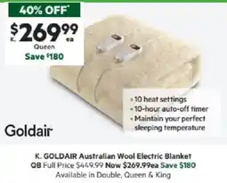 Harris Scarfe Goldair australian wool electric blanket qb offer