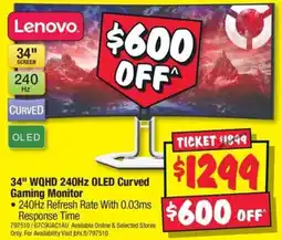 JB Hi-Fi Lenovo 34" WQHD 240HZ OLED Curved Gaming Monitor offer