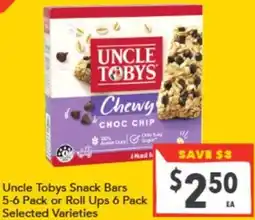Supa Valu Uncle Tobys Snack Bars or Roll Ups offer