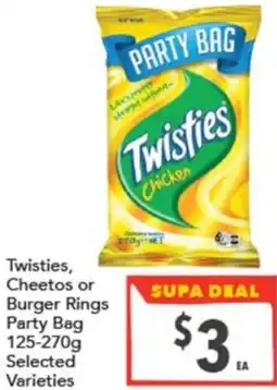 Supa Valu Twisties, Cheetos or Burger Rings Party Bag offer