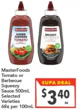 Supa Valu MasterFoods Tomato or Barbecue Squeezy Sauce offer