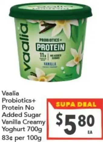 Supa Valu Vaalia Probiotics+ Protein No Added Sugar Vanilla Creamy Yoghurt offer