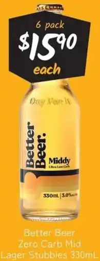 Cellarbrations Better Beer Zero Carb Mid Lager Stubbies offer