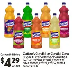 Campbells Wholesale Cottee's Cordial or Cordial Zero Sugar offer