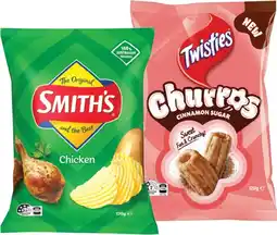 IGA Smith’s Crinkle Cut Chips 150‑170g or Twisties Cinnamon Sugar Churros 120g Selected Varieties offer