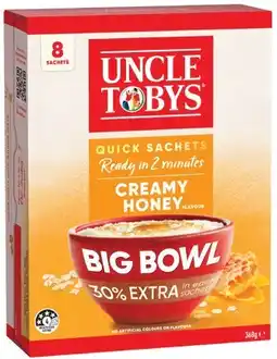 IGA Uncle Tobys Big Bowl Rolled Oats Quick Sachets Selected Varieties offer