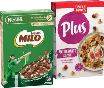 IGA Nestlé Milo Cereal 535‑620g or Uncle Tobys Plus Cereal 620‑705g Selected Varieties offer