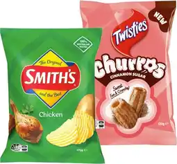 IGA Smith’s Crinkle Cut Chips 150‑170g or Twisties Churros Cinnamon Sugar 120g Selected Varieties offer