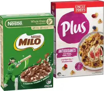 IGA Uncle Tobys Plus Cereal 620-705g or Nestlé Milo Cereal 535‑620g Selected Varieties offer