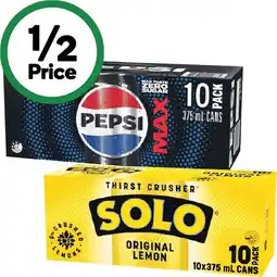 Woolworths Pepsi, Solo, Mountain Dew or Schweppes Lemonade Soft Drink Varieties 10 x 375ml offer