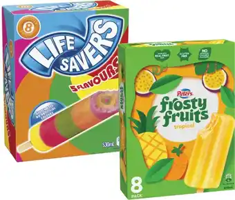 Coles Peters Frosty Fruits Sticks or Lifesavers Icy Poles 6 Pack-8 Pack 420mL-600mL offer