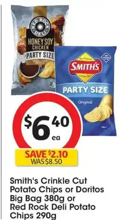 Coles Smith's Crinkle Cut Potato Chips or Doritos Big Bag or Red Rock Deli Potato Chips 290g offer