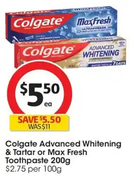 Coles Colgate Advanced Whitening & Tartar or Max Fresh Toothpaste offer