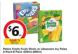 Coles Peters Frosty Fruits Sticks or Lifesavers Icy Poles 6 Pack-8 Pack offer