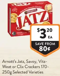 Foodworks Arnott's Jatz, Savoy, Vita- Weat or Clix Crackers offer