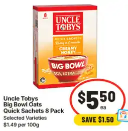 IGA Uncle Tobys Big Bowl Oats Quick Sachets offer