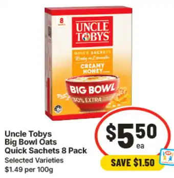 IGA Uncle Tobys Big Bowl Oats Quick Sachets offer
