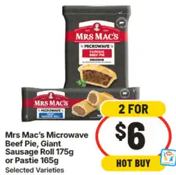 IGA Mrs Macs Microwave Beef Pie Giant Sausage Roll or Pastie offer