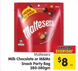 Spar Maltesers Milk Chocolate or M&Ms Snack Party Bag offer