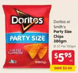 Spar Doritos Doritos or Smith's Party Size Chips offer