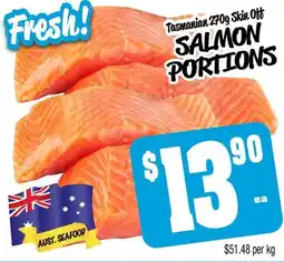 Farmer Jack's Tasmanian skin off salmon portions offer