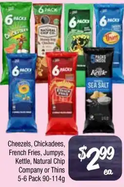 Farmer Jack's Cheezels, Chickadees, French Fries, Jumpys, Kettle, Natural Chip Company or Thins offer