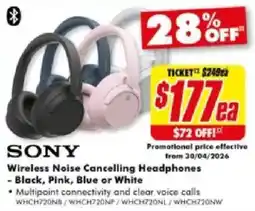 The Good Guys SONY Wireless Noise Cancelling Headphones - Black, Pink, Blue or White offer
