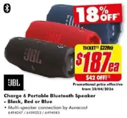 The Good Guys JBL Charge 6 Portable Bluetooth Speaker - Black, Red or Blue offer
