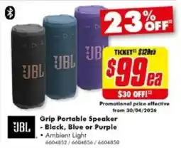 The Good Guys JBL - Grip Portable Speaker Black, Blue or Purple offer
