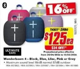 The Good Guys ULTIMATE EARS Wonderboom 4 - Black, Blue, Lilac, Pink or Grey offer