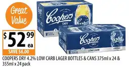 Supabarn Coopers dry 4.2% low carb lager bottles & cans offer