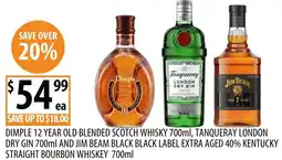 Supabarn Dimple 12 year old blended scotch whisky, tanqueray london dry gin, and jim beam black black label extra aged 40% kentucky st offer