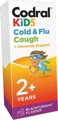 Amcal Pharmacies NEW Codral Kids 2+ Years Cold & Flu Cough + Immunity Support Blackcurrant offer