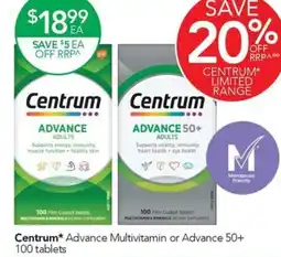Terry White Centrum Advance Multivitamin or Advance 50 100 tablets offer