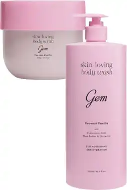 Coles NEW Gem Skin Loving Body Wash 900mL or Body Scrub 510mL offer