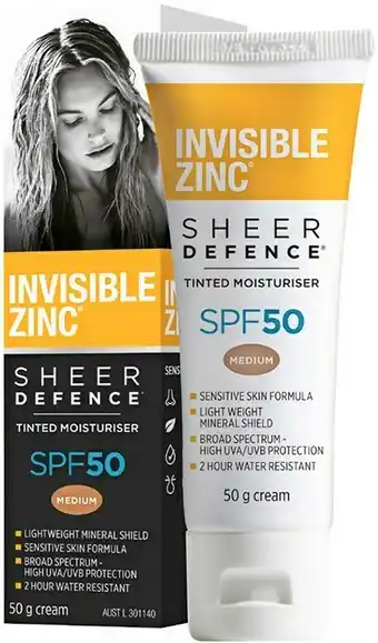Priceline Invisible Zinc Sheer Defence Tinted Moisturiser SPF50 Medium 50g offer