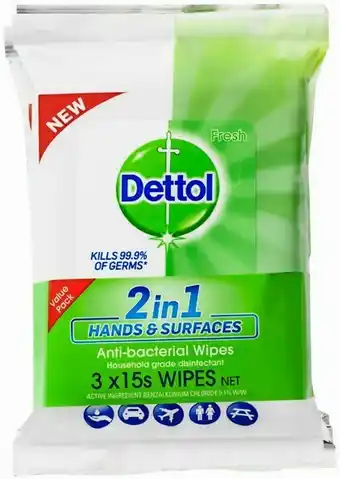 Dettol 2 in 1 Hands & Surfaces Anti-Bacterial Wipes 15 Wipes