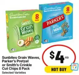 IGA Sunbites Grain Waves, Parker's Pretzel or Smith's Crinkle Cut Chips offer