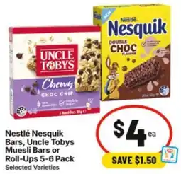 IGA Nesquik Bars, Uncle Tobys Muesli Bars or Roll-Ups offer