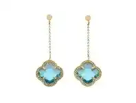 9ct Yellow Gold 4 Leaf Clover Blue Stone Drop Earrings