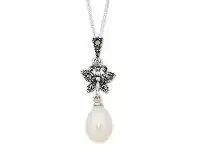 Bevilles Jewellery Sterling Silver Freshwater Pearl & Butterfly Necklace Made with Swarovski Marcasite offer