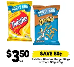 Drakes Twisties, Cheetos, Burger Rings or Toobs offer