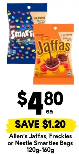 Drakes Allen's Jaffas, Freckles or Nestle Smarties Bags offer