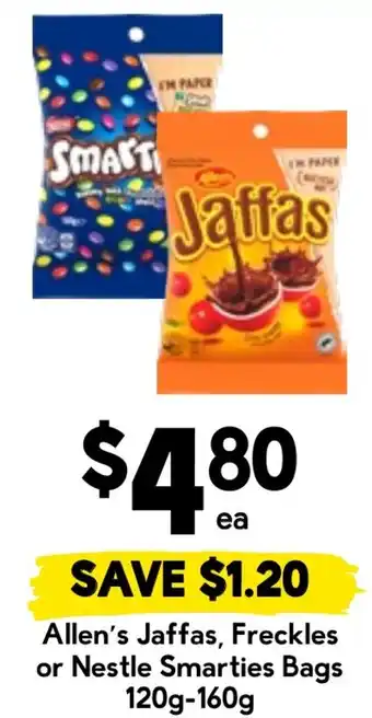 Drakes Allen's Jaffas, Freckles or Nestle Smarties Bags offer
