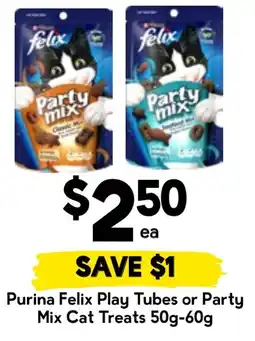 Drakes Purina Felix Play Tubes or Party Mix Cat Treats offer