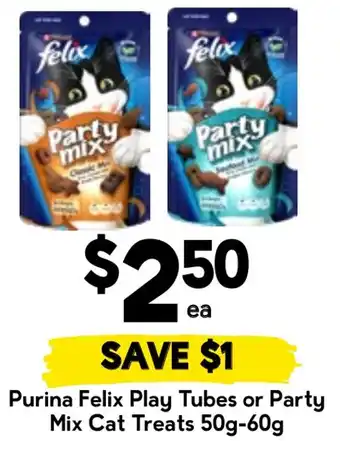 Drakes Purina Felix Play Tubes or Party Mix Cat Treats offer