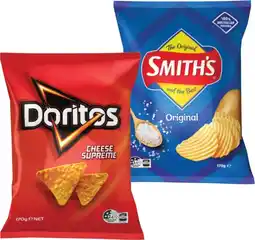 IGA Doritos Corn Chips, Smith’s Crinkle Cut 150‑170g or Double Crunch Chips 150g Selected Varieties offer