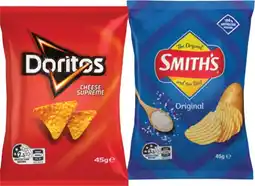 IGA Doritos Cheese Supreme Corn Chips 45g or Smithʼs Crinkle Cut Chips 45g Selected Varieties offer