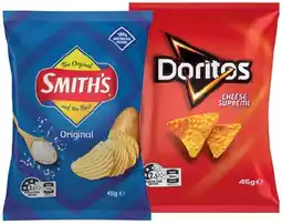 IGA Smithʼs Crinkle Cut Chips or Doritos Cheese Supreme Corn Chips 45g Selected Varieties offer